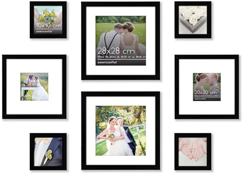 Americanflat Set Cornici Foto da Parete e da Tavolo Quadrate, 8 Pezzi, Nero - Composizione Cornici da Parete con Vetro Infrangibile - Due da 28x28 cm, Due da 20x20 cm e Quattro da 10x10 cm