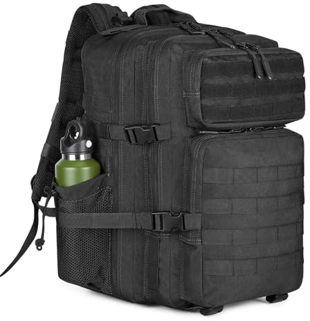 HUNTVP Tactical Backpack Mens, Military Backpacks 45L, Large Black Hiking Rucksack For Men Women, Molle Army Back Pack Bag, Travel Rucksacks For Camping Fishing Hunting Gym Motorcycle Sports