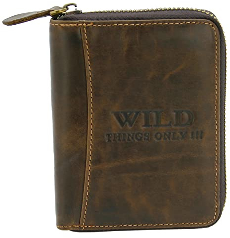 WILD THINGS ONLY !!! Herren Brieftasche mit Reißverschluss - Leder Geldbörse mit RFID-Schutz & Geschenk-Box (Hochformat, Braun)