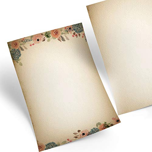 Logbuch-Verlag 25 ark brevpapper vintage blommor beige rosa blå A4 – på gamla boho nostalgi skrivarpapper motivpapper att skriva ut