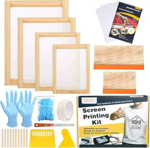Caydo 31-teiliges Siebdruck Starter-Set beinhaltet 4 verschiedene Größen von Holz Siebdruck Rahmen mit 110 Mesh, Rakeln, Inkjet-Transparenzfilm, Tintenmesser, Handschuhe für Weihnachtsbasteln