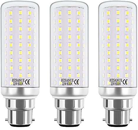 HZSANUE LED Maíz Bombilla 22W,B22 Bayoneta Cap Bombillas LED, 180W Incandescente Bombilla Equivalentes, 6000K Blanco Frío, 2500lm, 3 Pack