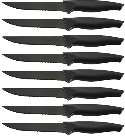 Pleafind stekknivsset, 8 delar, vassa stekknivar med sågtandad egg, stekknivar i rostfritt stål, svarta knivar, pizzaknivar, bordsknivar, stekbestick, knivset, diskmaskinssäkert