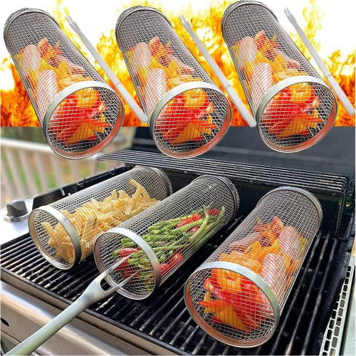 3 Rullande Cylindrisk Grillkorg, Rostfritt Stål Med Grillgaffel, Grillrulle, Grillställ, Grillhylla - Perfekt För Grillning Av Grönsaker, Fisk, Kött