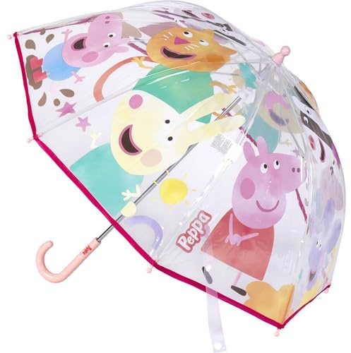 Ombrello a Cupola di Peppa Pig - Stampa con i Personaggi della Serie - Apertura Manuale - Fabbricato in 100% POE con Struttura in Fibra di Vetro - Prodotto Originale Elaborato in Spagna