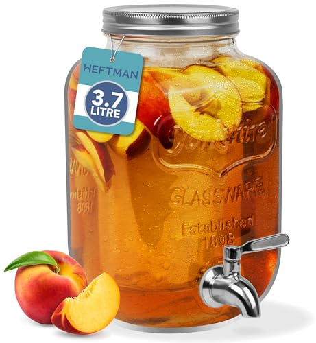 HEFTMAN Glass Drink Dispenser with Tap - 4 Litre Mason Jar Drink Dispenser with Leakproof Stainless Steel Tap & Ice Cylinder Fridge Water Dispenser, Punch, Cocktails, Empty Beverage Dispenser