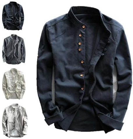 YRUIIA Chemise Style Japonais en Lin et Coton pour Homme, Col Montant à Double Boutonnage, Col Chinois