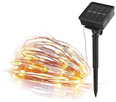 EMOS Mikro LED-ljusslinga med solpanel, 120 nano LED-glödlampor i varmvit, koppartråd 12 3 m, för utomhusbruk, väderbeständig belysning för romantiska stunder, soldrift (NiMH, 600 mAh)