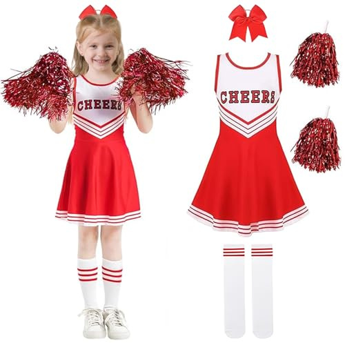 Deguisement Pompom Girl Enfant: Costume Cheerleader Fille avec Pompoms Couvre-chefs Chaussettes pour Halloween Carnaval Cosplay Tenue (140(8-9 ans))