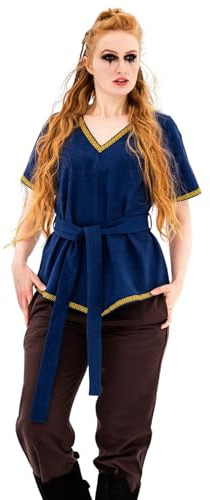 Leonardo Carbone® Damblus, vikingaunika, matilda | V-ringad med kant | integrerat bälte | karneval, halloween, cosplay, LARP, tunika, topp, kostym | 100 % bomull, blå, M