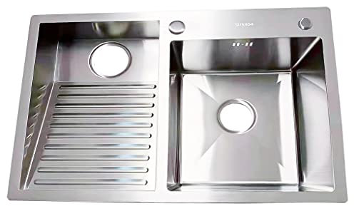 Lavandino a doppia vasca in acciaio inox 304 con lavatoio integrato e kit di scarico, ideale per lavanderia, balcone o negozio, profondità 22 cm, dimensioni del bacino: 60 cm (sinistra)