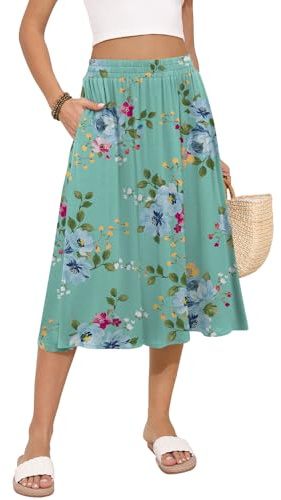 MLXSJ Women's Midi Skirt Summer Flowy Elastic High Waisted Casual Pleated Skirts with Pockets (Mint Green Floral, M)