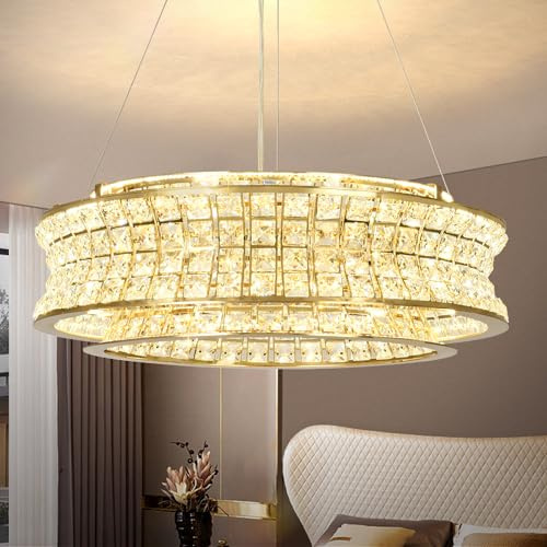 KUNYEEE Lámpara de araña moderna de cristal dorado, lámparas colgantes redondas LED, lámparas de araña doradas ajustables para vestíbulos, salones y comedores, 50 cm