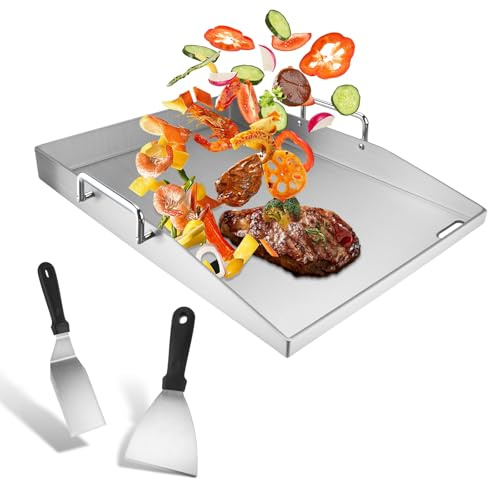 Edelstahl Plancha 40 x 30cm - Grillplatte Set mit 2 Grillspachtel und 2 Abnehmbarer Klappgriff und fettablaufloch, 4 mm Dicke Universal Grillplatte für BBQ Kohlegrill Gasgrill