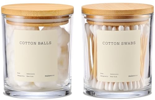 MAISONOVO Glass Bathroom Containers with Lids (Airtight) - Qtip Holder - Apothecary Jars for Cotton Rounds, Swabs, Balls, Pads - Clear Q Tip Dispenser - 2 pcs Bathroom Canisters Set for Organization