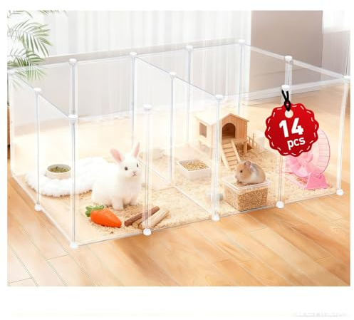 14 Panels 16.5 H Small Animal Playpen, Anti-Jump Durable Puppy Play Pen for Rabbits, Kittens, Chicklings, Ducklings & Hamsters DIY Indoor Outdoor Use, Transparent