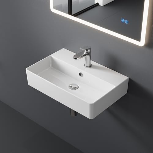HOROW Waschbecken Bad Keramik Waschtisch tiefes, Aufsatzwaschbecken mit Hahnloch und Überlauf, Waschbecken Lochabstand 28 cm, Badezimmer Handwaschbecken mit 8mm dünnem Rand