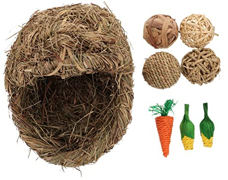 WEKADRIN Pet Grass Woven Nest with Chew Toys Handwoven Reed Grass Mat Foldable Bunny House Small Animal Bed for Hamsters Guinea Pigs and Rabbits