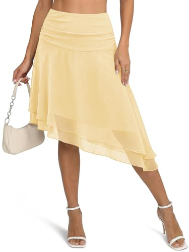Wenrine Gonna da donna in tulle midi, a rete, asimmetrica, lunga fino al ginocchio, a pieghe, con ruches, plissettata, sfumata, a vita alta, minigonna, giallo chiaro, S