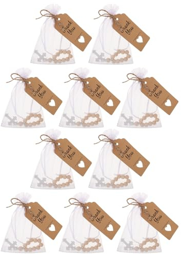 FIXOSHEE Set 10 Rosari Cattolici in Legno Con Croce Intagliata Sacchetti Per Bomboniere Battesimo E Carte Preghiera Regali Battesimale E Prima Comunione Braccialetti Religiosi Per Cerimonie