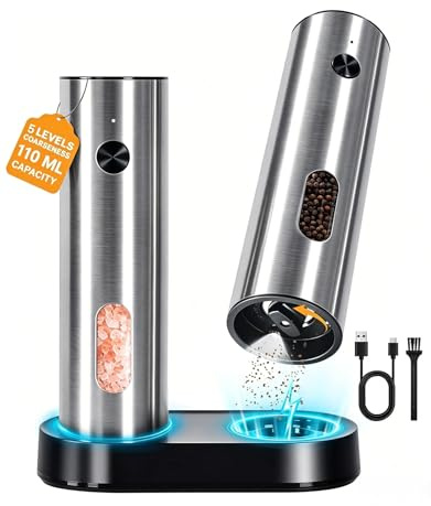 OUTONLIFE Molinillo Eléctrico de Sal y Pimienta Recargable 110 ml, Gran Capacidad, Base de Carga USB-C, Luz LED, Molienda Automática Ajustable, Perfecto para Cocina y Hogar