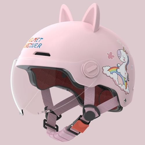 Offener Motorradhelm Für Kinder Mit Visier, Mopedhelm Mit Katzenohren, Motorrad-Halbschalenhelm Für Jungen Und Mädchen Von 3-12 Jahren, ECE 22.06-Geprüft P,48-55cm