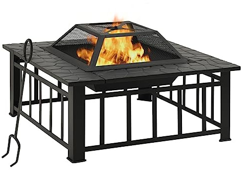 Runheo Cesta de fuego con atizador, 79 x 79 x 46,5 cm, XXL, acero negro, jardín, terraza, calor, ambiente acogedor, madera, chimenea, llama, decoración al aire libre