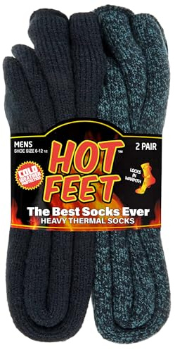 HOT FEET Gemütliche, beheizbare Thermal Socken für Männer, Warm, Patterned Crew Socken, USA Herren Socken-Größen 6 12,5 (Denim Heather/Dark Navy) (2-Pack)