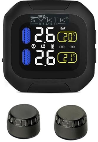 Sykik Rider SRTP300 Sistema di monitoraggio della pressione dei pneumatici wireless per motociclette con monitor da 1,5 pollici. Controlla la pressione dei pneumatici durante la guida