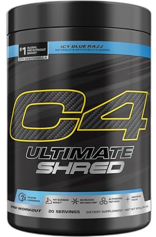 Cellucor C4 Ultimate Shred Pre Workout Powder, Fat Burner for Men & Women, Weight Loss Supplement with Ginger Root Extract, Icy Blue Razz, 20 Servings