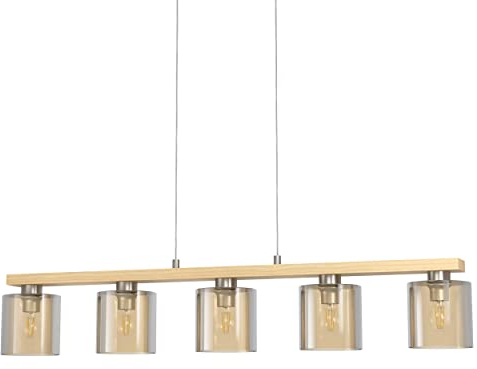 EGLO Hängelampe Castralvo, 5-flammige Pendelleuchte Esstisch, Hängeleuchte aus Glas in amber und Holz in Natur, Esszimmerlampe hängend, E27 Fassung, 121 cm