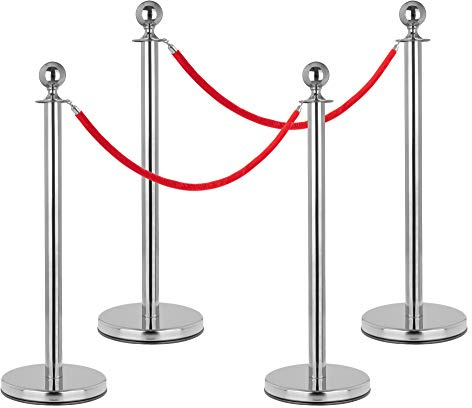 Stagecaptain PLS-150 Deluxe 4.2-200S Absperrständer Personenleitsystem - 4 Edelstahl-Stative und 2 rote Seile mit 2,0m Länge - Für Konzerte, Ausstellungen, Hotels, Kinos u.v.m. - silber