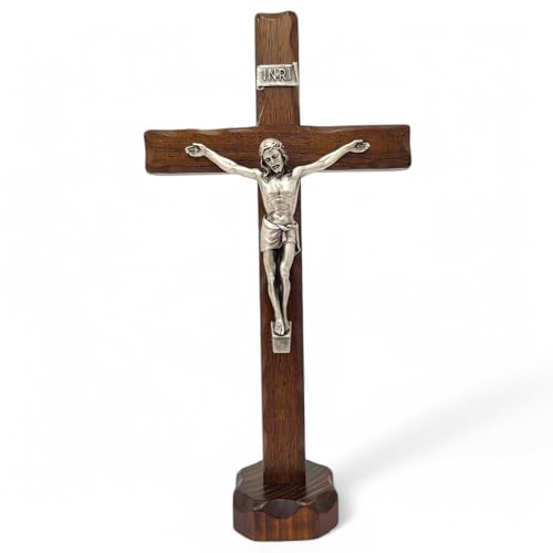 La Balestra Crucifijo de mesa – Artesanal fabricado en Italia Cristo e INRI chapado en plata 999 – Crucifijos de mesa de madera, cuidado y precisión de los detalles de Jesús crucificado – 35 x 18 cm