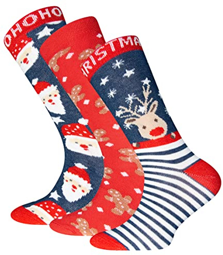 EWERS Lot de 3 chaussettes de Noël pour enfants, 3 paires de chaussettes pour enfants avec le Père Noël, le renne et le bonhomme de pain d'épice, coton, MADE IN GERMANY, tailles 31-34