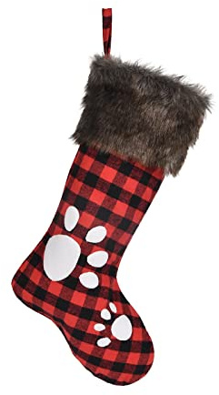 WORLDECO Christmas Stocking 2026 Ornaments, Handmade Dog Footprints Pattern Sock with Faux Fur, Xmas Winter Party Decorations Gifts, Santa Plush Decor, 20 inch, Red