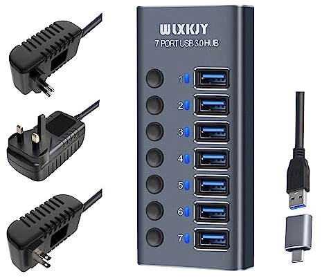 Aluminium Hub USB Alimenté, WLXKJY USB C to 7 Ports USB 3.0 SuperSpeed Port Distributor Data Hub avec Alimentation 36W et Interrupteurs Individuels pour Laptop et PC Hub USB 3.0 Alimenté
