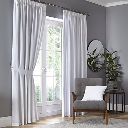 Fusion White Blackout Curtains – W117 x L137cm – 2 Pencil Pleat Panels – Plain Thermal Drapes for Bedroom & Living Room – Soft White Window Curtains – Light-Blocking Privacy Solution