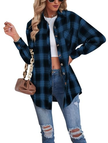 Buliezy Camiseta de Franela Cuadros Camisa Leñador Blusas Manga Larga Mujer Cuello V Botón Blusa,Azul,L