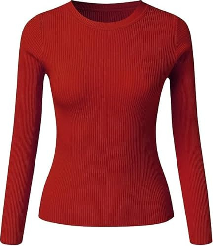UIILO Termisk topp för kvinnor, stickad tröja, ribbade t-shirts, undertröja, basic, enfärgad långärmad skjorta, tajt stickad tröja, långärmade termounderkläder, höst, vinter, varm topp（röd）