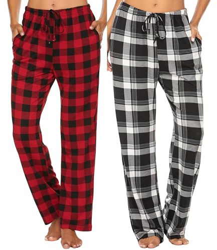 Ekouaer 2-pack pyjamasbyxor för kvinnor, ledig pläd loungebyxor bekväma sovbyxor med fickor, dragsko pyjamasbyxor S-XXL