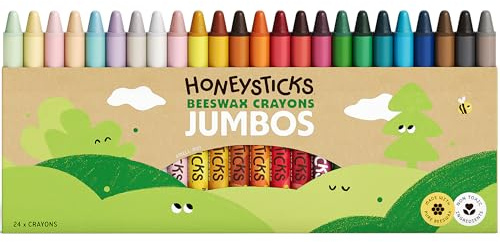 Honeysticks Lot de 24 crayons jumbo – Crayons non toxiques pour enfants – Cire d'abeille 100% pure et couleurs de qualité alimentaire – 24 couleurs vives – Grands crayons, faciles à tenir et à