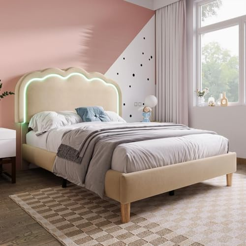 KOMHTOM Lit Rembourré avec Tête de Lit, Lit LED avec Sommier à Lattes en Bois, Cadre de lit pour Enfants, Adolescents, Adultes(sans Matelas) (Beige, 90 x 200 cm)
