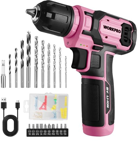 WORKPRO Pink Cordless Drill Set, 8V Impact Drill Driver with 53pcs Bit Set, 2.0Ah Electric Power Drill Kit with 3/8 Keyless Chuck and Variable Speed Trigger, Portable for DIY- Pink Ribbon