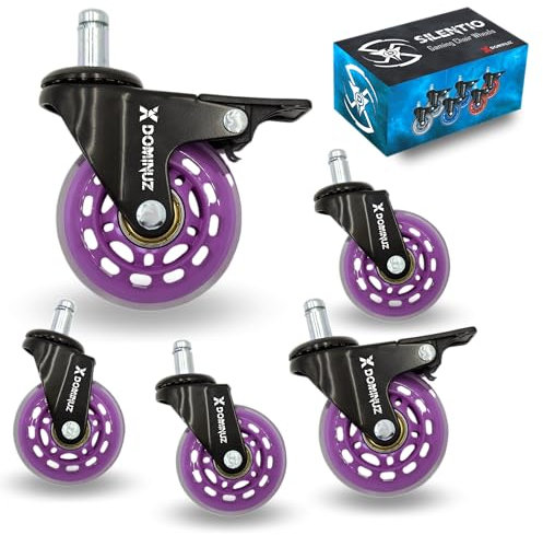 XDominuz Silentio - Ruedas para Silla de Oficina de Goma - Ruedas Silla Gaming Ultra-Silenciosas con Freno, Set de 5, Perno 11mm, 360° Rotativas, Apto para Parquet y Alfombras - Violeta