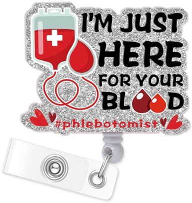 Phlebotomy Badge Reel Retractable, Phlebotomy Essentials Id Badge Holder, I'm Just Here for Your Blood Cute Funny Phlebotomist Badge Reel, Hospital Rn LPN Nursing Staff Accessories Supplies (Black)