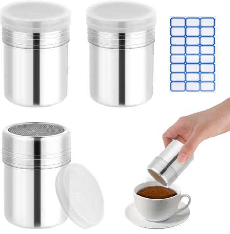 3 Pièces Sucrier pour Sucre en Poudre, Saupoudreuse Cacao Acier Inoxydable, Saupoudreuse Sucre Glace avec Couvercle, Shaker à Sucre, Shaker à Chocolat avec Autocollant pour Café, Épices