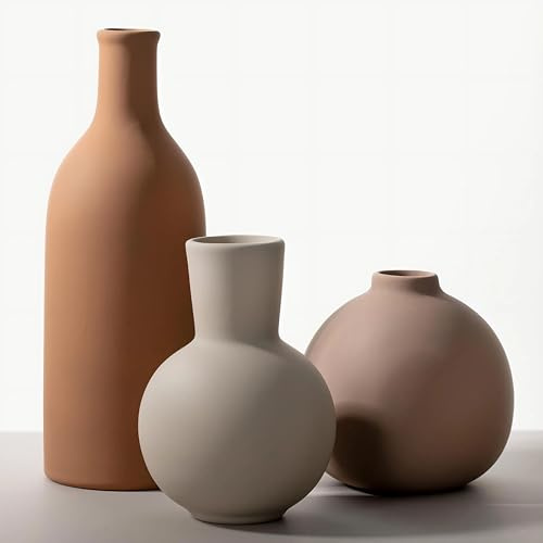 anquephd Juego de jarrones de cerámica de 3 piezas - jarrones de alfarero modernos para la decoración del hogar, jarrones de estilo rústico en marrón, blanco y beige (pequeño, medio, grande