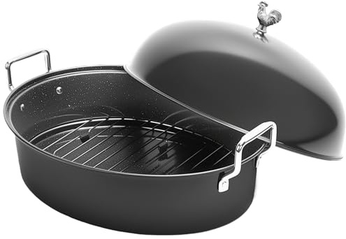 LOEUO 32L Large Oval Roaster Pan, Carbon Steel Roasting Pan with Rack and Lid for Thanksgiving Christmas Party, Turkey Roaster Pan for Chicken Beef Max Load 25 Lbs