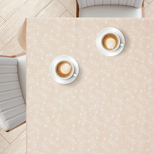 KP HOME Beige Mantel Antimanchas Cuadrado 140x140cm, Mantel Hule con Tacto Suave, Cubierta Limpiable De Mesa - PVC Tipo Hule Impermeable con Flores Blancas Vintage Clásicas - para Interior y Exterior