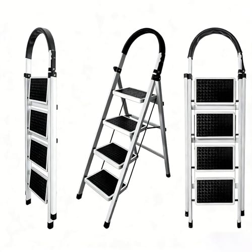 Brstheco fällbar stege, pallstege, kolstålstege 3/4/5/6 steg, stege, trappstege med handräcken, hushållsstege, pallstege med en belastningskapacitet på upp till 125 kg. (4-stegs)